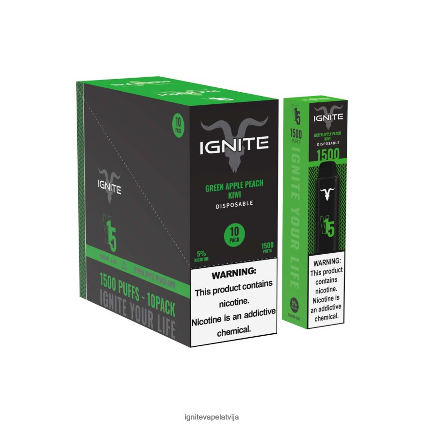 Ignite Vape Latvija | IGNITE V15 vape pildspalva 10 pac zaļo ābolu persiku kivi V22L80101