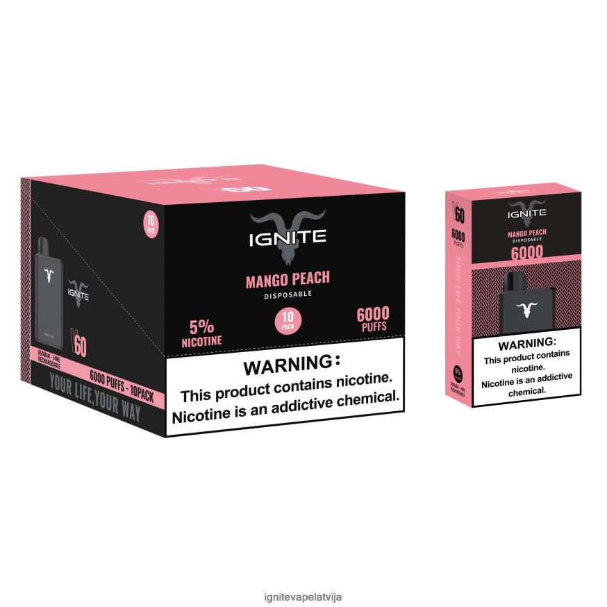 Ignite Vape Latvija | IGNITE V60 vape pildspalva 10 pac mango persiks V22L8021