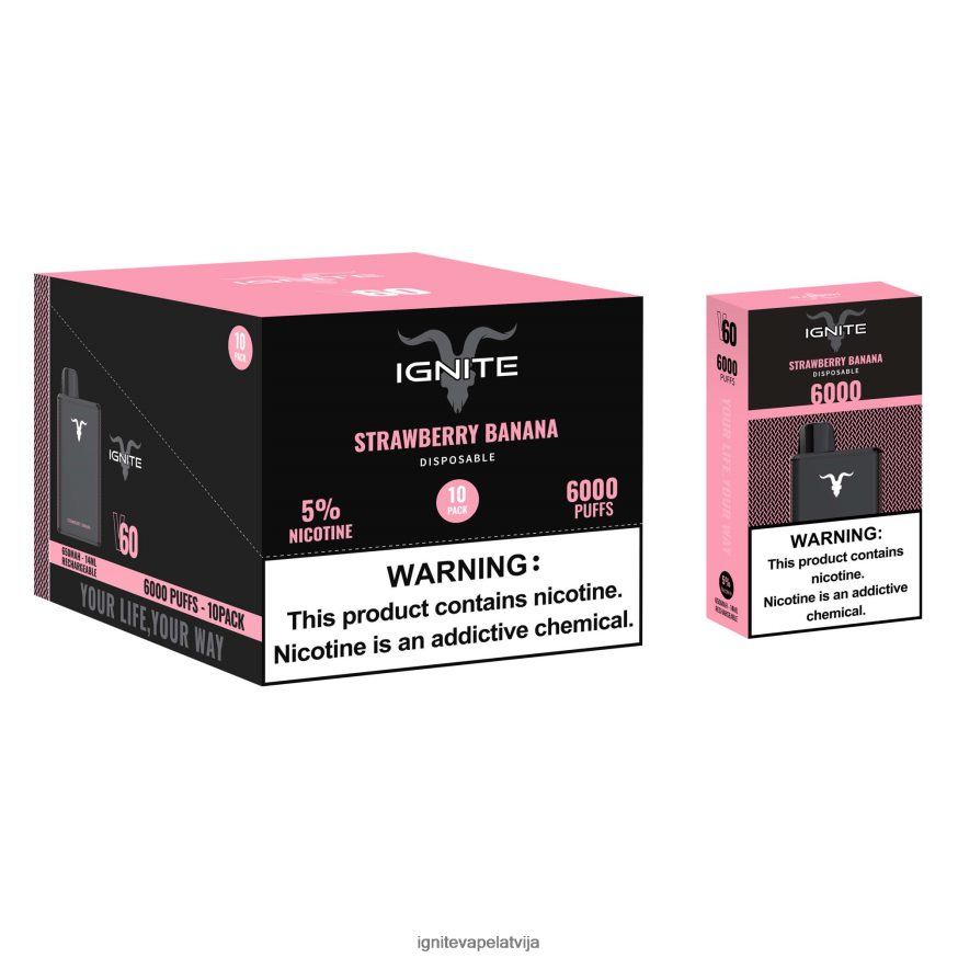 Ignite Vape Sales | IGNITE V60 vape pildspalva 10 pac zemeņu banāns V22L8027